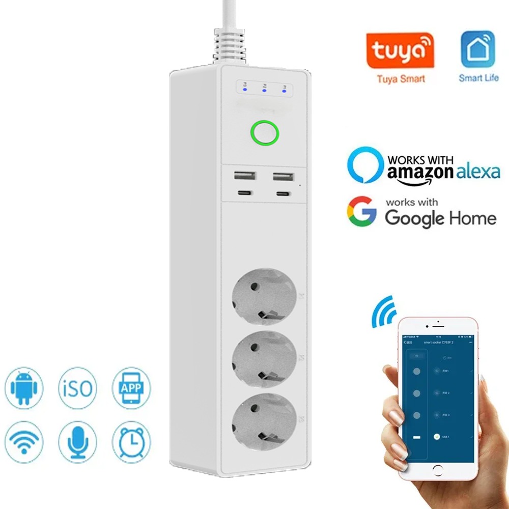 Tuya スマート ライフ 電源タップ WiFi EU コンセント プラグ 4 USB Type-C 充電ポート 音声制御 Alexa Google Home アシスタントと連携