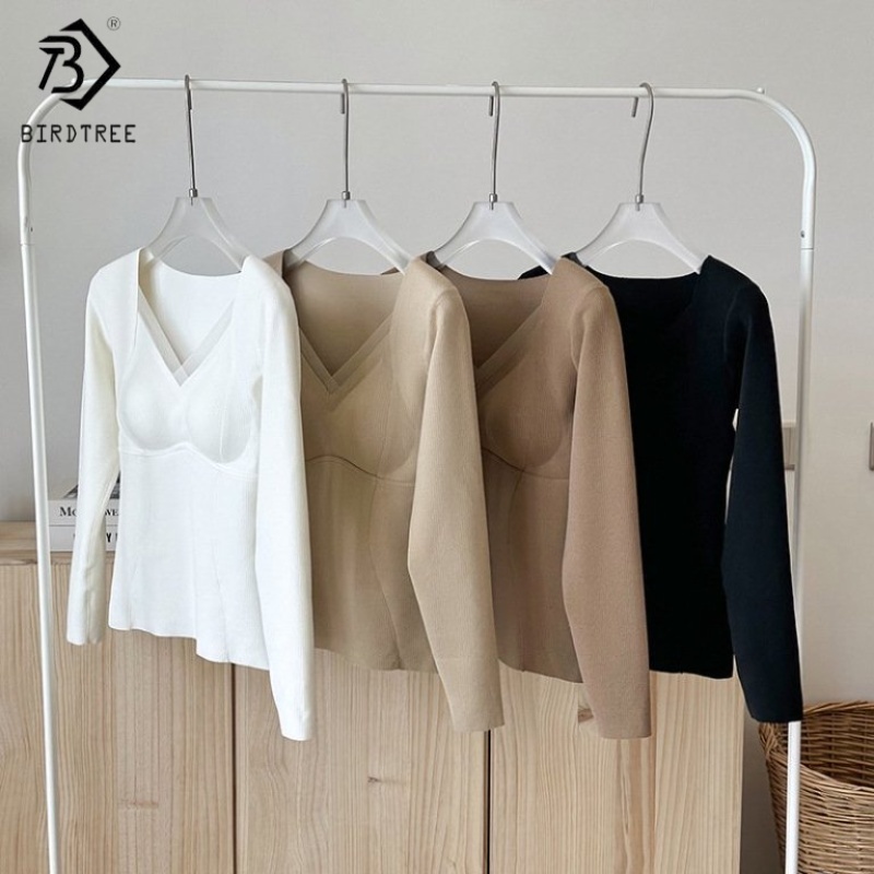 Birdtree、女性カシミヤシルクブレンドボトリングアンダーシャツ、内蔵ブラトップ付き、Vネックシャツ秋の暖かさプルオーバーT5O844JF