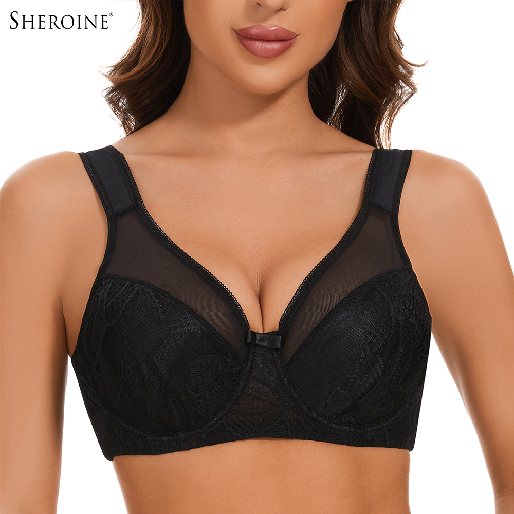 Sheroine プラスサイズ レディース レース フローラル ミニマイザー ブラジャー アンダーワイヤー フルカバー パッドなしブラジャー 女性用 リフティングサポート 快適