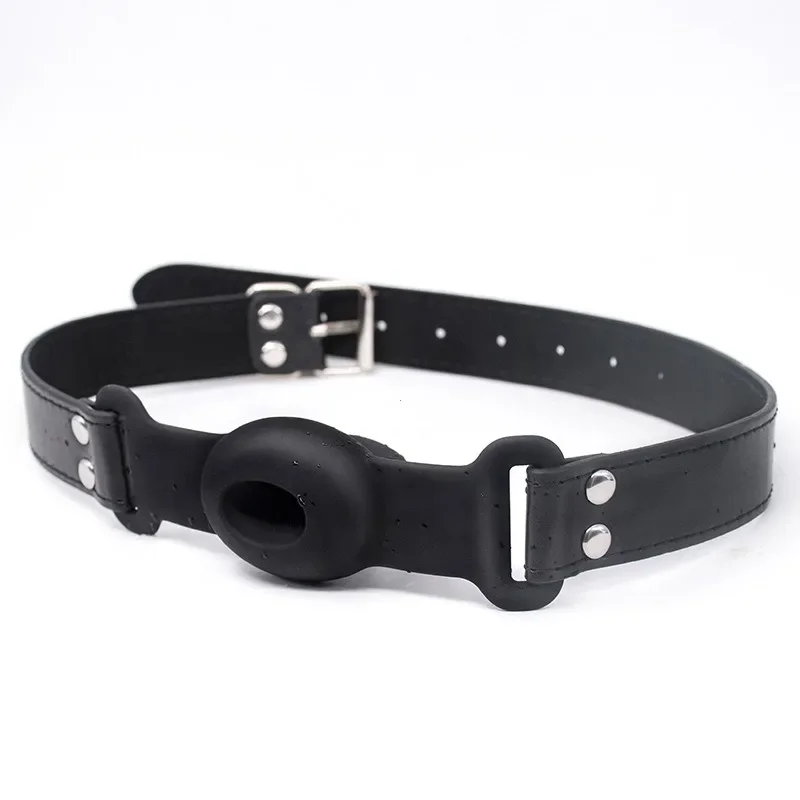 BDSM 楽しいシリコン口ギャグ中空デザイン唾液流れるレザーマウスピースボール SM 罰強制口開口部