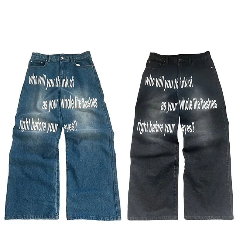 Y2K 男性ジーンズ原宿パターンレタージーンズヒップホップストリート男性女性 2000 年代ゴシックファッションカジュアル美的ワイドレッグジーンズ