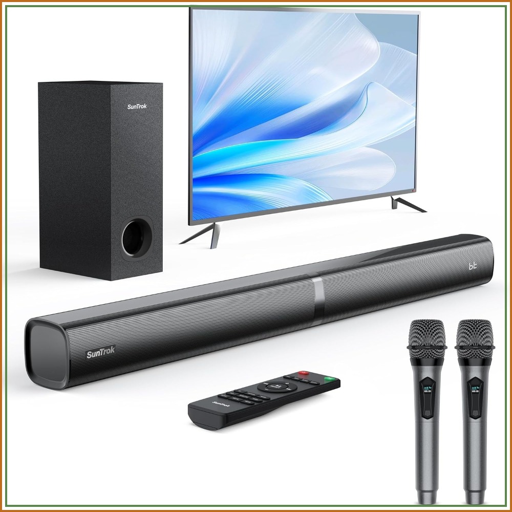 TV用サブウーファー付きサウンドバー、Bluetooth 5.3、ワイヤレスマイク2本、サラウンドサウンド、HDMI ARC、光学式、AUX、USB、ピーク260W