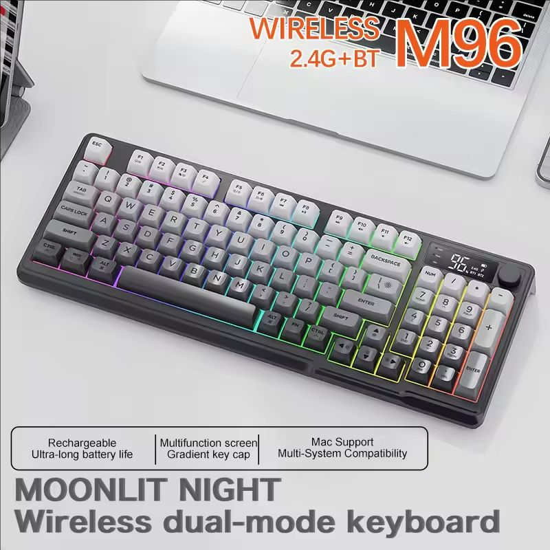 M96 Bluetooth キーボード ワイヤレス FREEWOLF スクリーン ゲーミング キーボード、電子スクリーン、マルチデバイス接続、人間工学ゲーミング