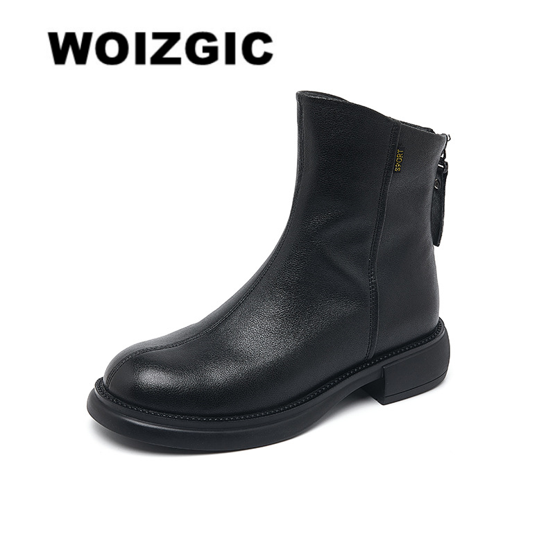 WOIZGIC 女性の本革女性の母アンクルブーツ靴スプリットジッパー冬の毛皮ぬいぐるみ暖かい秋 Zapatos Mujer プラットフォーム