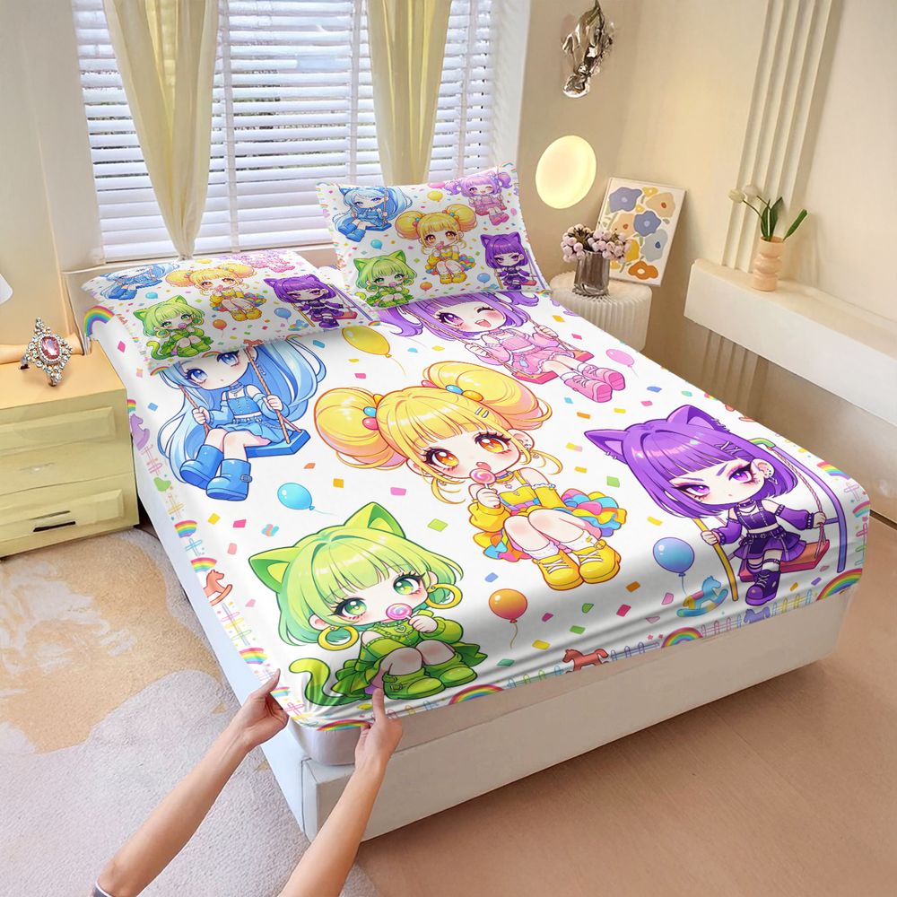 女の子フラワーショッププリントフィットシーツセットベッドシーツセット3ピースデジタルプリント布団カバー寝具セット十代の寮の部屋用