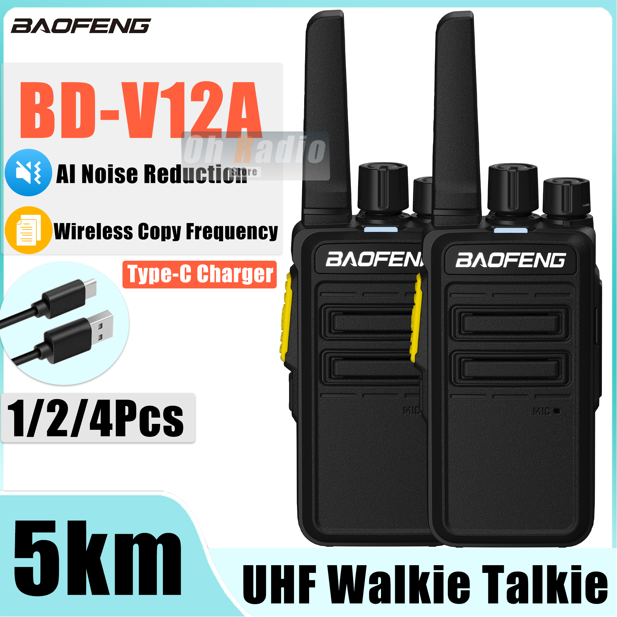 2/4 個 Baofeng BD-V12A ミニトランシーバー 2 タイプノイズリダクションワイヤレスコピー周波数 Type-C 充電器 V12-A ハム双方向ラジオ