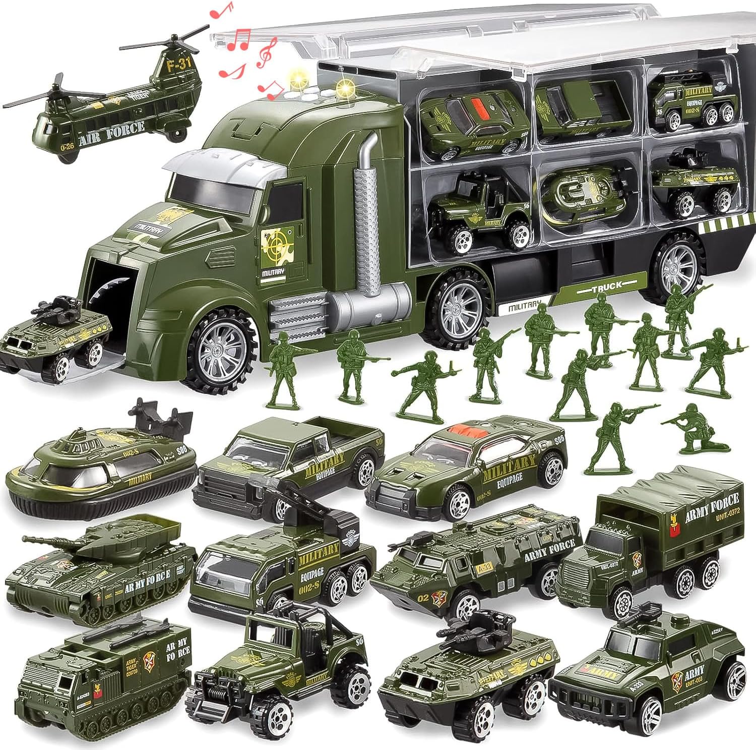 JOYIN 25 in 1 グリーン ミリタリー ビッグ トラック おもちゃ アーミー メンズ タンク セット 兵士 男性 バトルカー おもちゃ キャリア トラック 男の子用 ギフト用