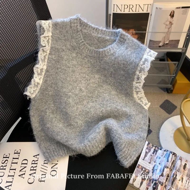 2025 Spring Autumn Lace Stitching Ladies Sweater Vest Jacket Round Neck Sleeveless Women's Knitting Pullover Waistcoat Top