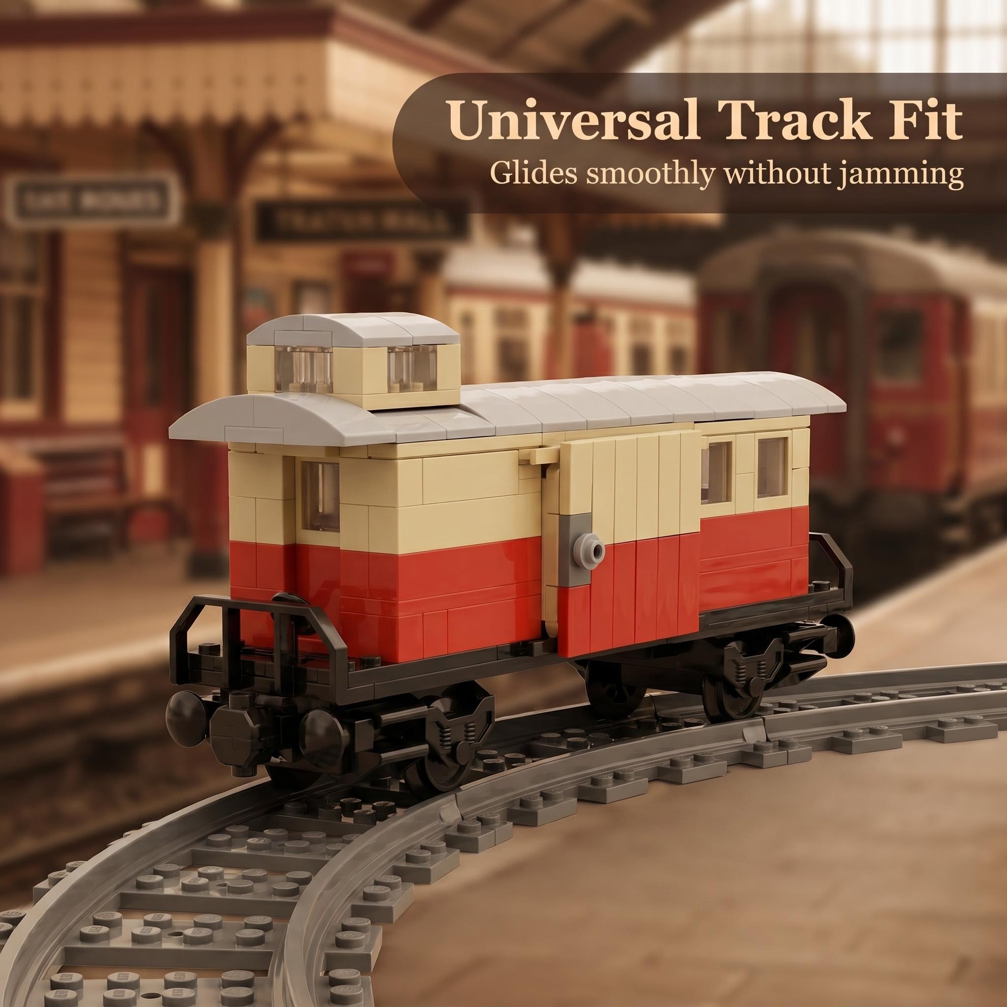 レトロな貨物列車車掌車ビルディングブロックキャリッジ、レッドベージュブロック、互換性のある標準レンガトラック、趣味の収集おもちゃ