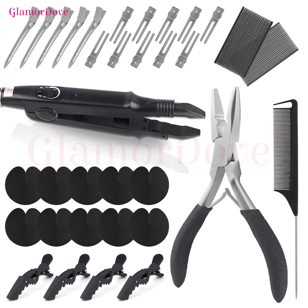 GlamourDove プロフェッショナル K チップ ヘアエクステンション ツール キット クリップ、テールコーム、ケラチンボンドカッター、ヒートシールド付き