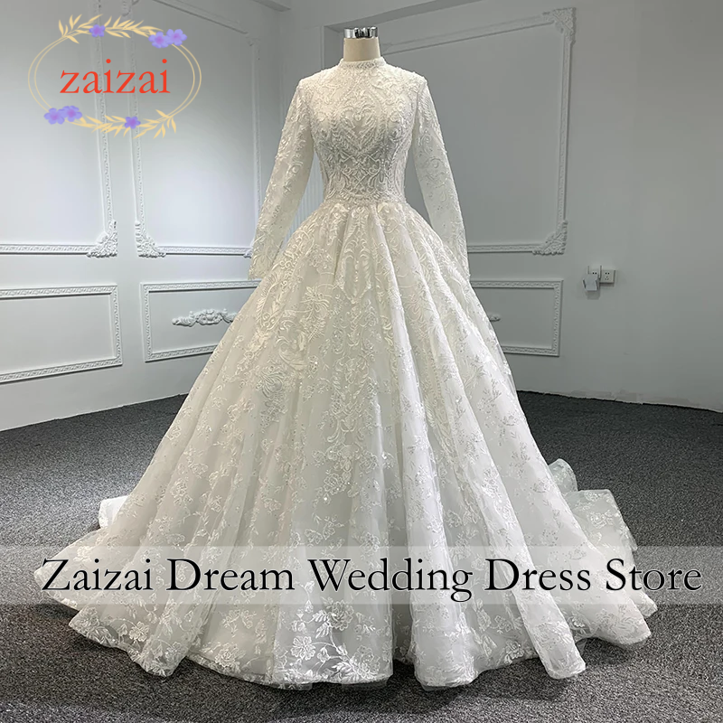 カスタマイズされたイスラム教徒のウェディングドレス夜会服レースバックレースアップビーズ花嫁ドレスコートトレイン長袖 Vestido デノビア