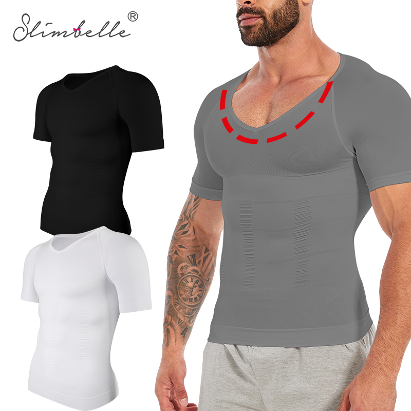 Slimbelle メンズシェイプウェア圧縮シャツおなかコントロール V ネック半袖トップウエストトレーナー痩身 Tシャツ通気性フィットネス