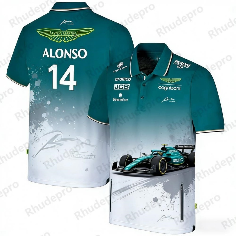 アストンマーティン F1 アロンソ 14 レーシング テーマ 半袖ポロシャツ ファンのための快適なスポーツウェア