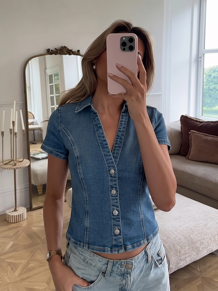 HH ファッション女性のスリムデニムショートシャツ 2026 夏の女性半袖 V ネックシングルブレストヴィンテージオフィスウォッシュトップ