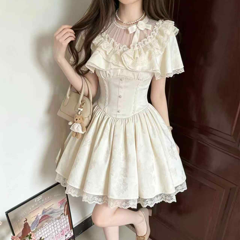 日本のかわいいロリータドレス女性甘いレースフリルオフショルダースモックマントドレス女性ヴィンテージエレガントなイブニングパーティードレス