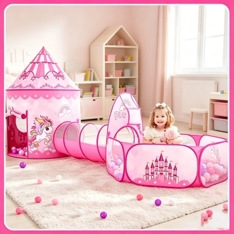 3 in 1 Kids Castle Tent With Tunnel And Ocean Ball Pool Foldable Portable Playhouse For Indoor Outdoor Children Entertainment