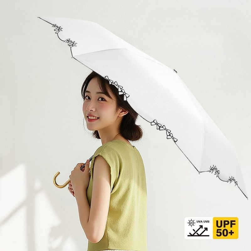 Three-fold handle sun umbrella, portable embroidered folding sun umbrella, UV protection, suitable for both sunny and rainy days