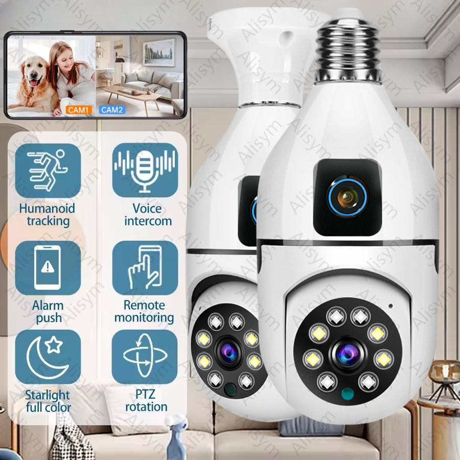 8MP E27 電球 WIFI カメラ 8X ズームデュアルレンズ屋内監視カム人間追跡ワイヤレス双方向オーディオ 5MP カメラナイトビジョン