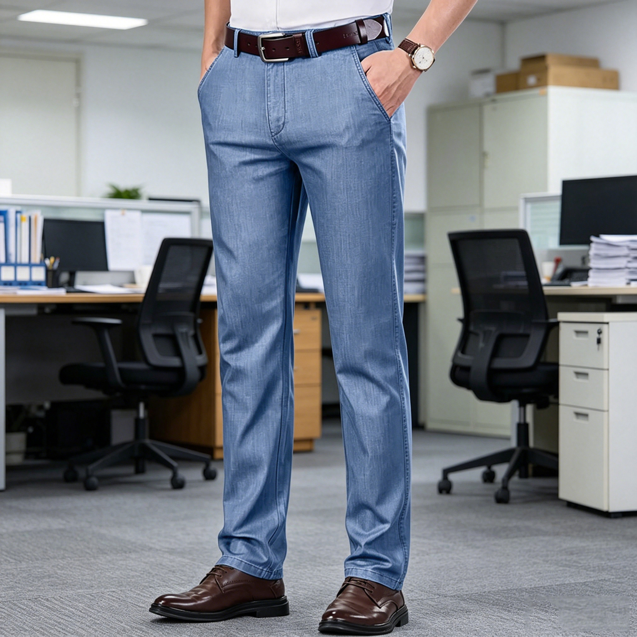 メンズジーンズストレートレッグデニムパンツハイウエストルーズフィットスーツパンツビジネスオフィスフォーマルカジュアルメンズドレスパンツ夏