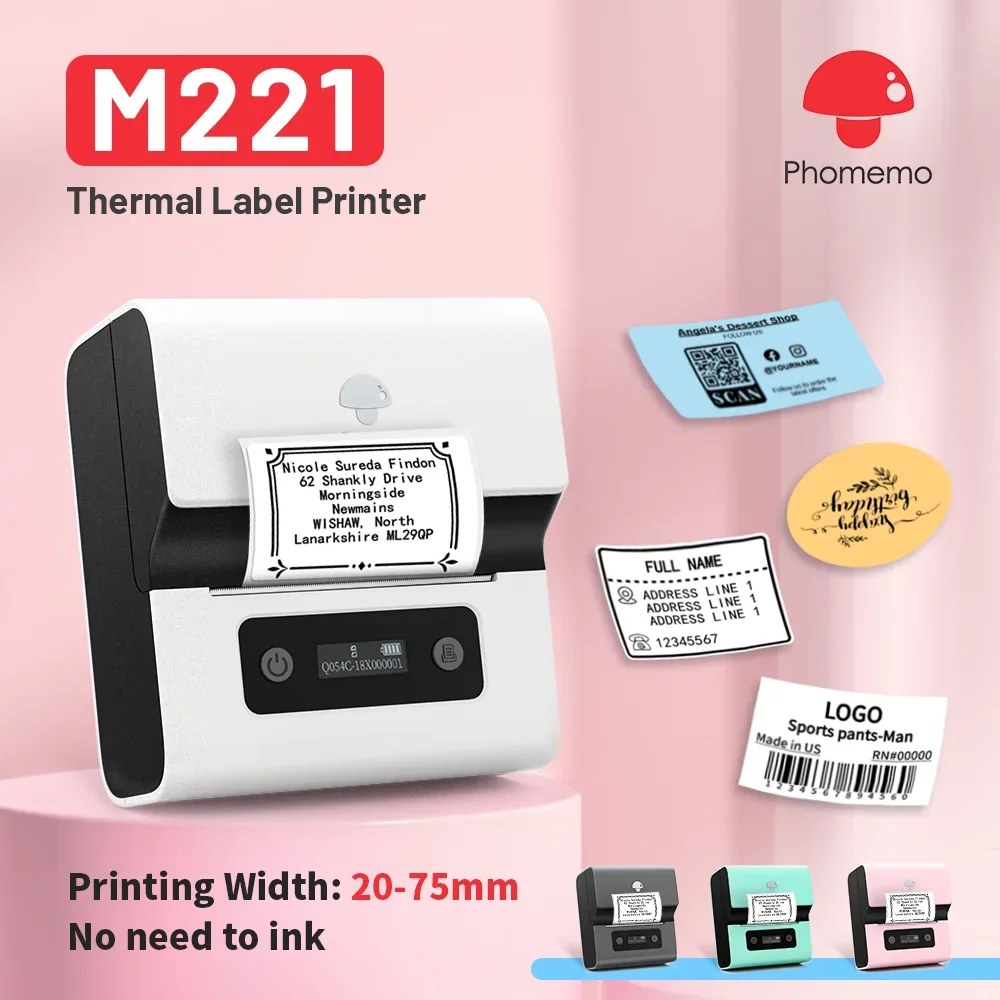 Phomemo M221 ポータブルプリンタミニラベルメーカー 75 ミリメートル感熱ラベルプリンタバーコードアドレスラベリング郵送フォルダーラベル