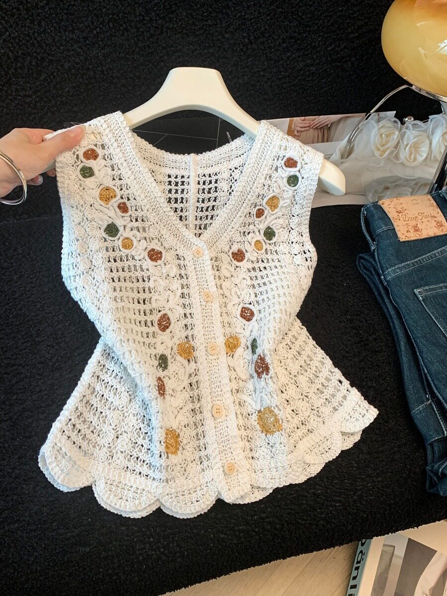 刺繍かぎ針編みレースベストノースリーブ V ネックボタンダウンオープンニットチョッキジャケット夏トップス女性自由奔放に生きるビーチウェア