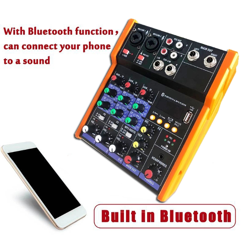 4 チャンネルミニオーディオミキサーミキシングコンソールプロオーディオミキサー BT DJ ミキサーコンソール USB 録音サウンドインターフェイス