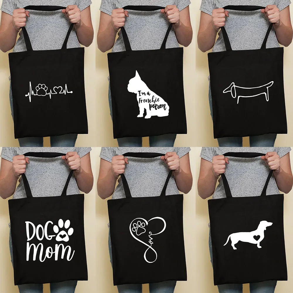 かわいい犬原宿ファッションショッピング黒バッグキャンバストートバッグブルドッグママダックスフント再利用可能な布バッグハンドバッグショルダーバッグ