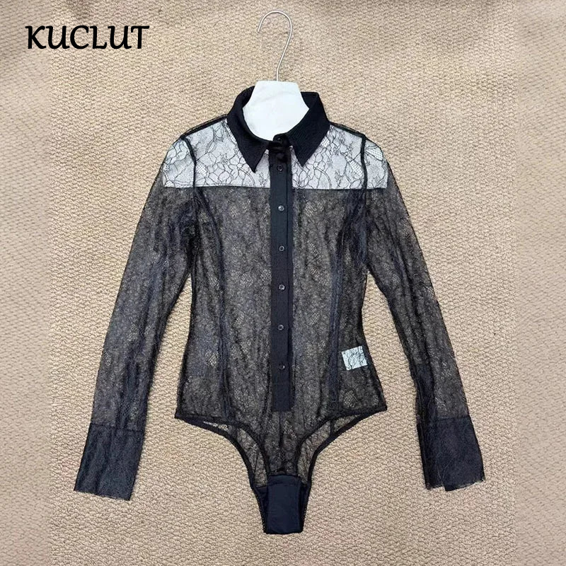 KUCLUT ファッション新スタイル織パッチワークレースシャツ女性のためのわずかに透明な長袖ボディスーツ女性トレンド 1A2122