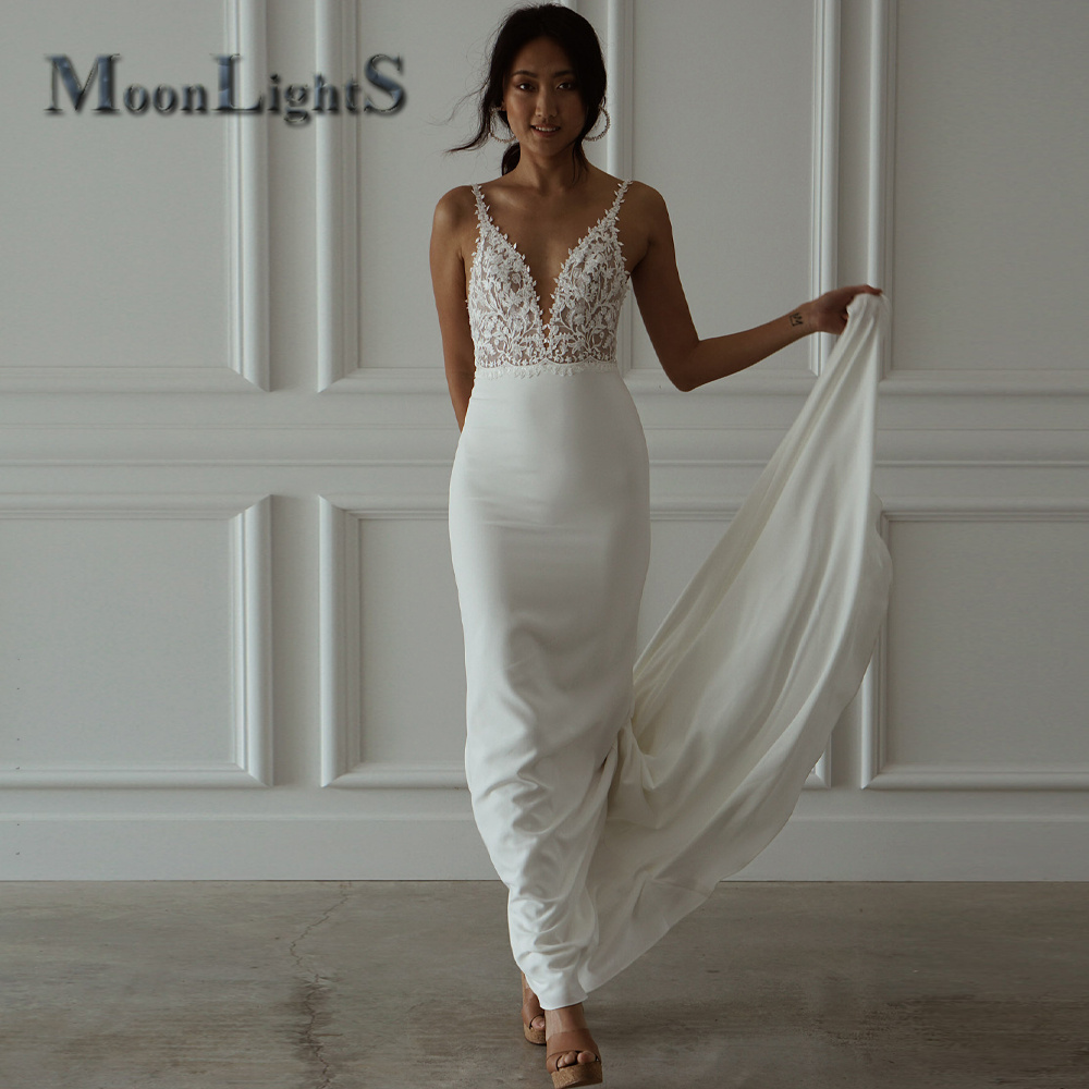 MoonlightShadow ダンスマーメイドウェディングドレスセクシーなドロップ配送シフォンディープ V ネックスパゲッティストラップ Vestido デ カサメント