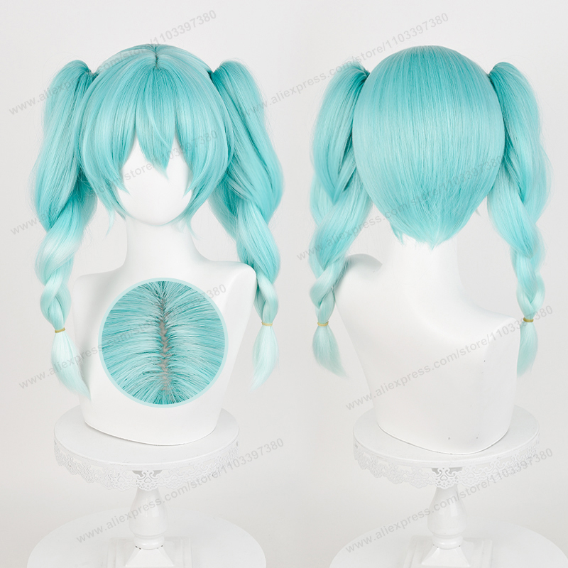 ミクバニーコスプレウィッグ 45 センチメートル事前編組ダブルポニーテールシアングラデーションヘアアニメ耐熱合成かつら