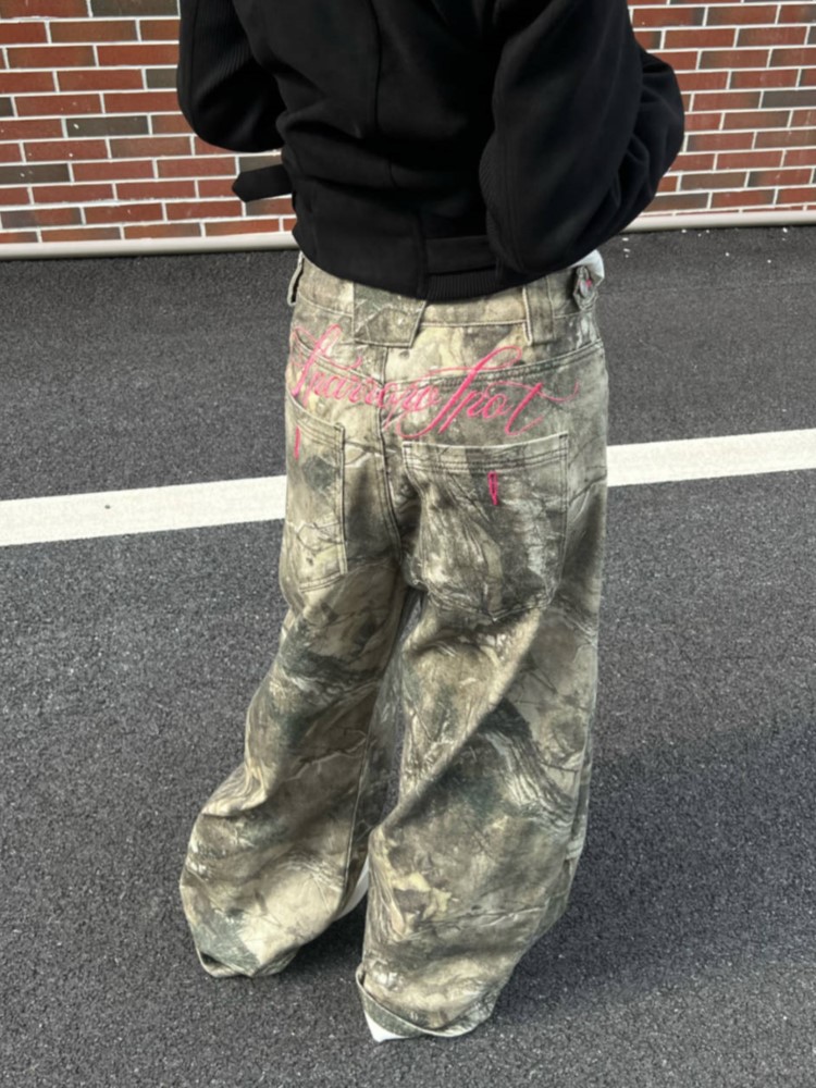 ヴィンテージ文字刺繍迷彩カジュアルジーンズ女性のため Y2k ヒップホップストリートルーズファッション Kpop 原宿ワイドレッグパンツ