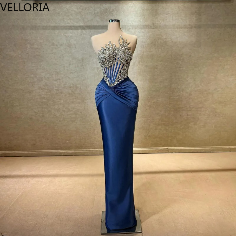 Navy Blue Mermaid Women's Simple Graduation Dress Luxury Rhinestone Sleeveless Evening Dress Elegant Satin Fold Ball Gown Custom