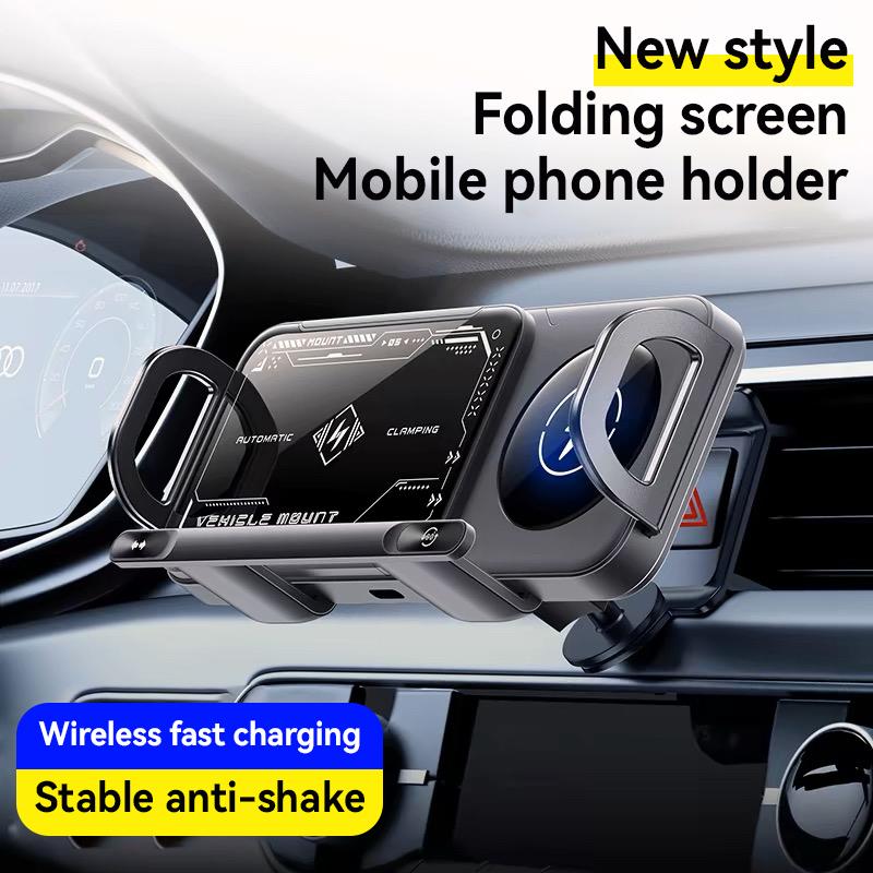 ワイヤレス充電電話ホルダー カーマウント 折りたたみスクリーン用 90°回転 カーマウント出力 15W iPhone Samsung Google用