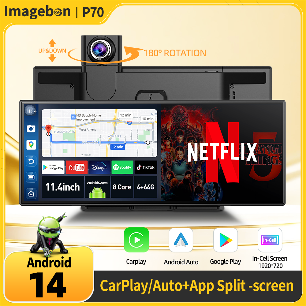 Imagebon P70 11.4インチ Android 14 8コア DVR トリプルビューカメラ Carplay/アプリ:アプリ分割画面レコーダー Youtube Spotify AI ダッシュカム