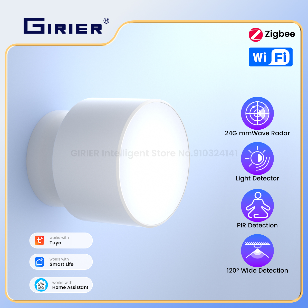 GIRIER Tuya ZigBee 3.0 人体存在センサー 24GHz ミリ波レーダー検出 3-in-1 PIR 光検出器 ホームオートメーション システム用