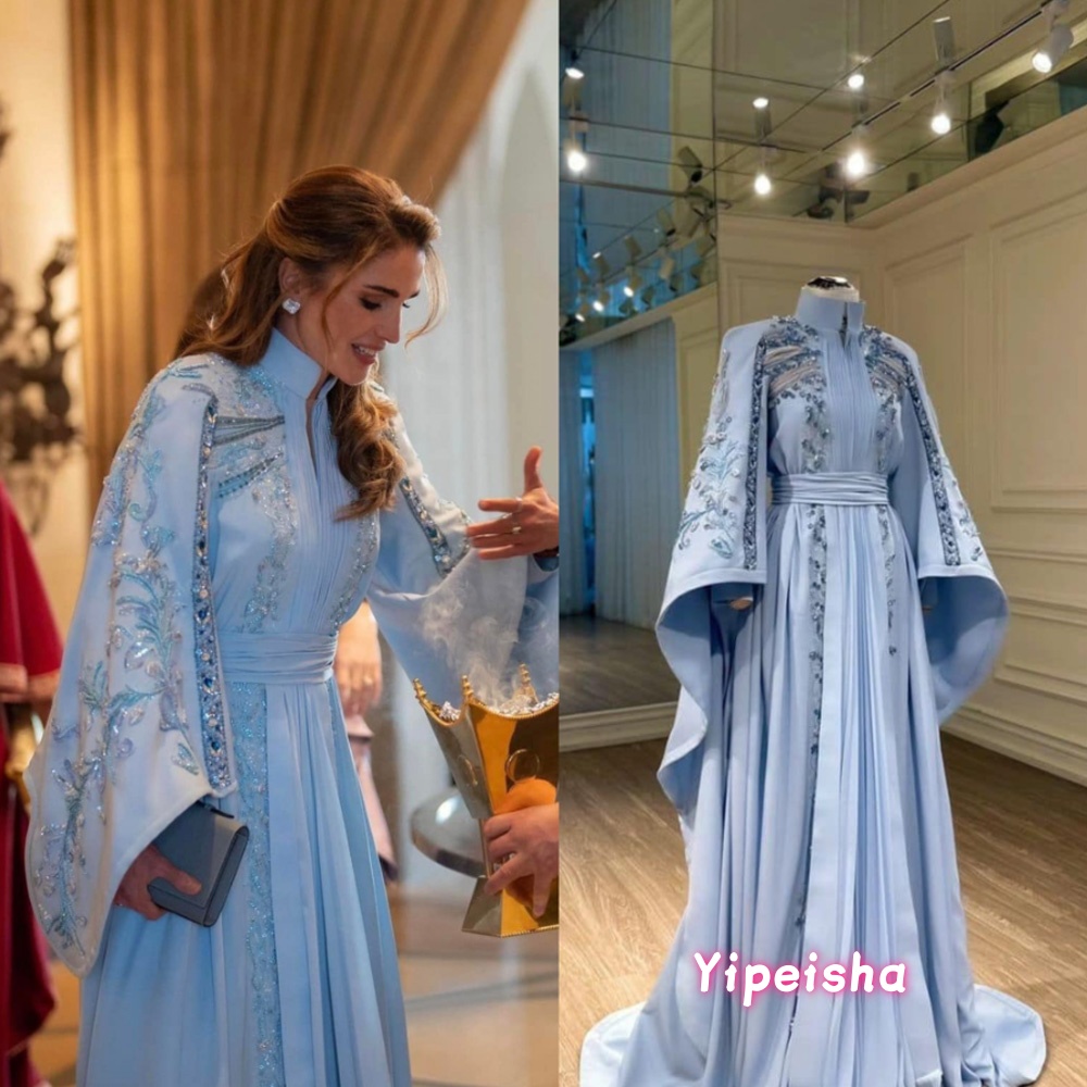 Moroccan Kaftan Muslim Evening Dress A-line Long Sleeves High Neck Applique Sequins Dubai Arabic Abaya  Prom Gowns Customized