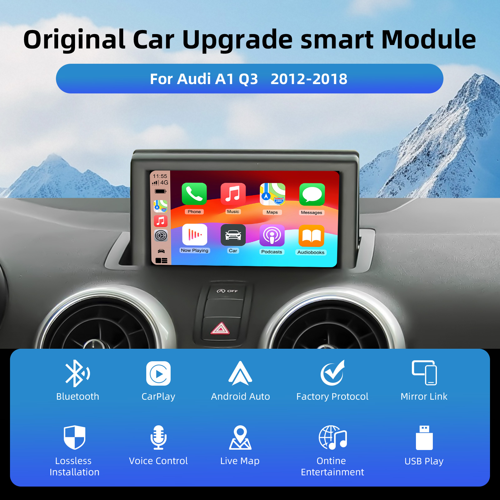 Ezonetronics OEM スクリーンアップグレードデコーダーボックス Audi A1 Q3 2012-2018 用、6.5 インチ/7 インチスクリーン、MMI 3G CarPlay 付き