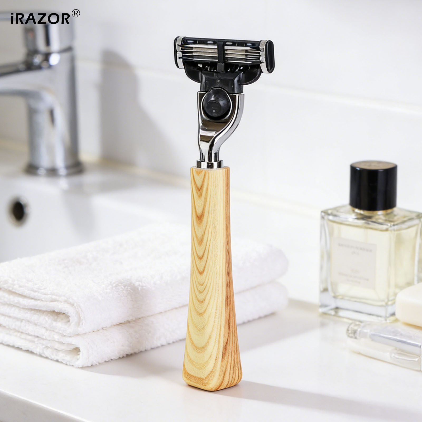 iRAZOR Men's Manual 3-Blade Razor Compatible with Mach 3 Blade Refills Aluminium Alloy Wood Grain Handle Ideal Gift for Grooming