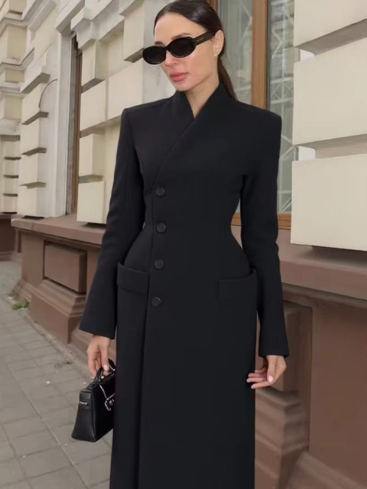 HH 女性の冬のファッションシングルブレスト長袖ウエストロングコート女性スタンドカラーポケット暖かい固体ウールコート