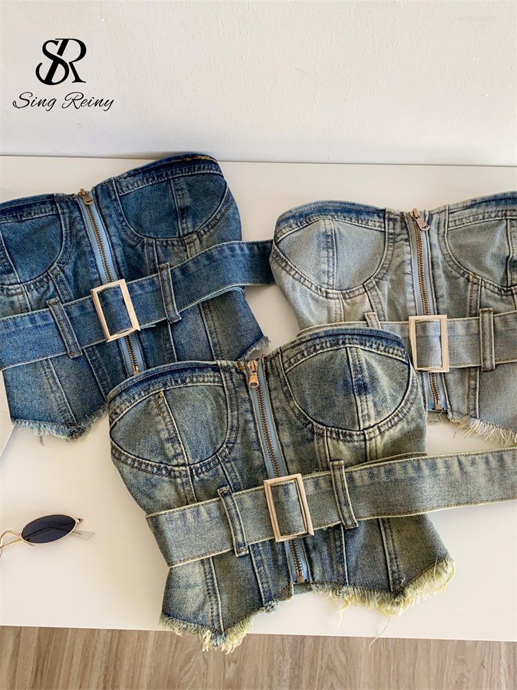 SINGREINY ヴィンテージデニムストラップレスキャミソールバックレス不規則な生裾スリムユーズド加工クロップトップレディースサッシセクシークラブランジェリートップ