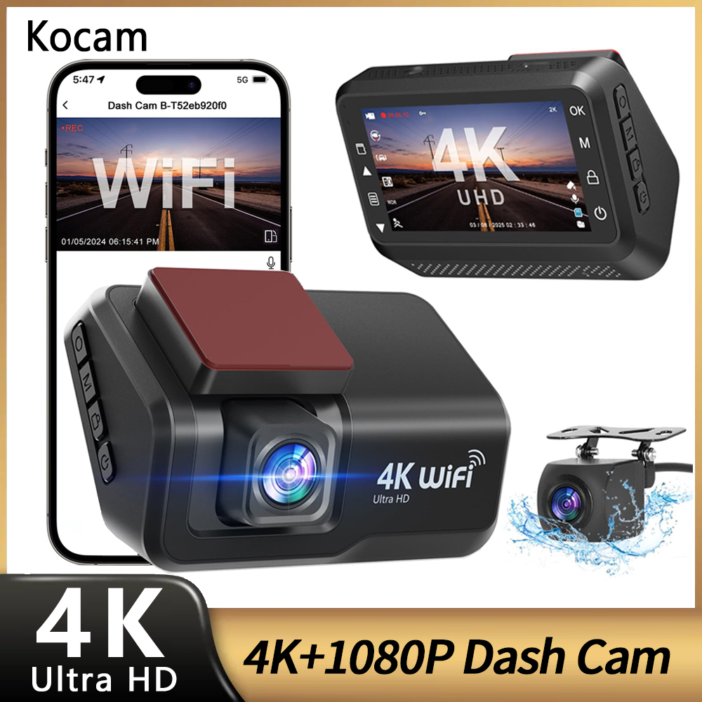 Kocam 4K UHD ダッシュカム WiFi カー DVR フロントとリアのデュアルレンズオートカーカメラ ナイトビジョン付き 24H パーキングモニター ブラックボックス