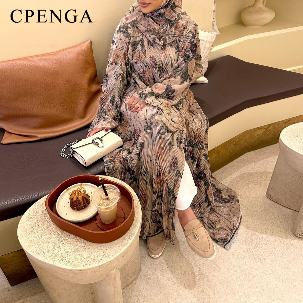 Ramadan Pleated Printed Dubai Abaya Dress with Hijab Two-piece Muslim Women Cardigan Robe Islamic Vacation Outfit Turkey Kaftan