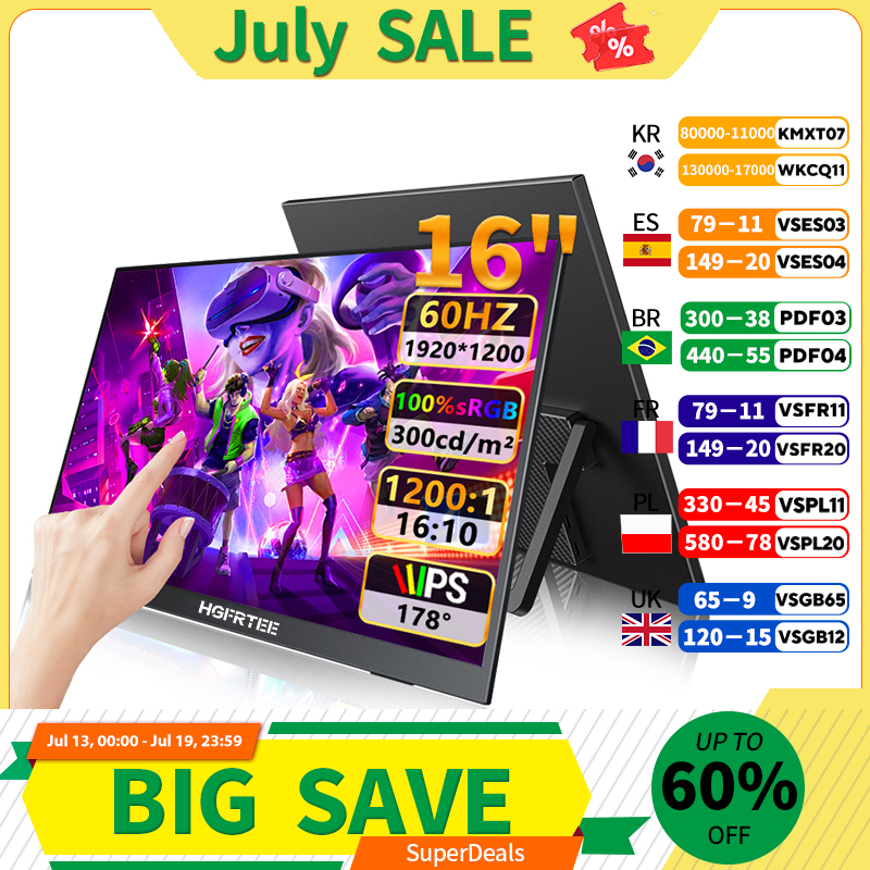 HGFRTEE16" FHD Portable Touch/No Touch monitor External Display IPS  USB C mini-HDMI for Laptop Mac PC Xbox PS Switch With VESA