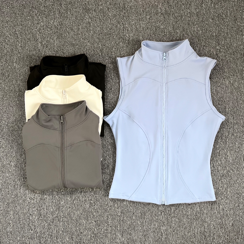 女性のスリムフィットスポーツノースリーブトップ速乾性弾性スタンドカラーヨガフィットネス服夏ジッパー