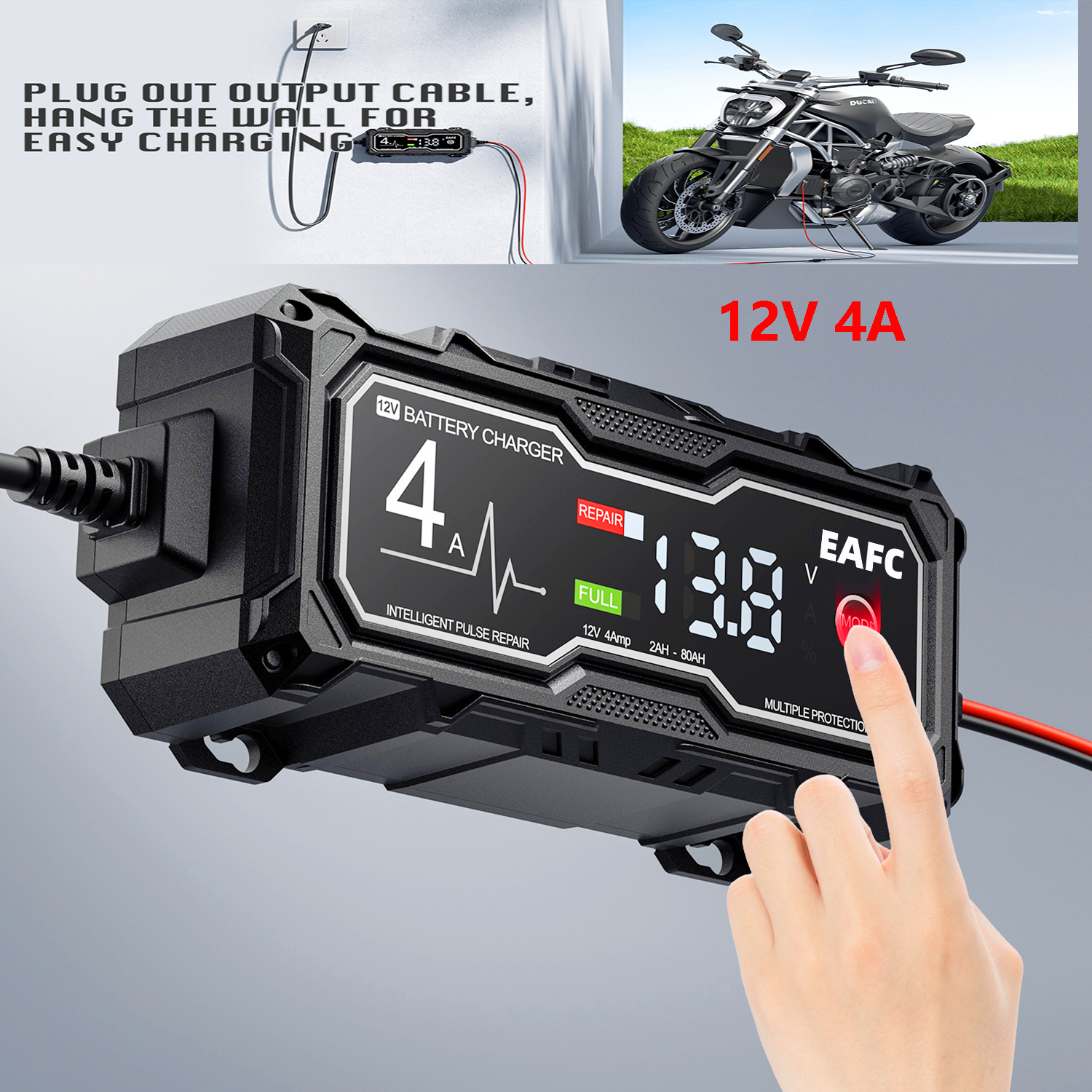 12V 4A オートバイ車バッテリー急速充電器 LCD パルス修理トリクル充電器 AGM 鉛酸ゲルディープサイクルバッテリー用