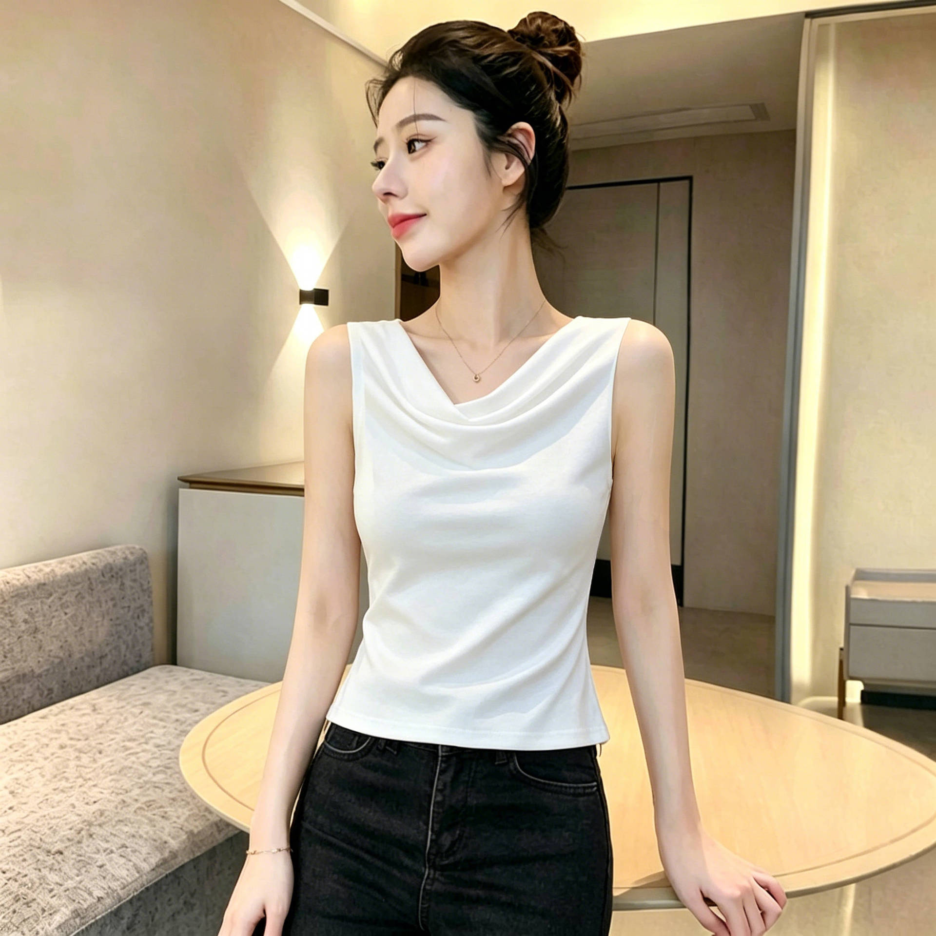 柔らかく通気性のある女性用オフショルダーノースリーブタンクトップ：軽量、スリム、夏用アウター、フィットトップ