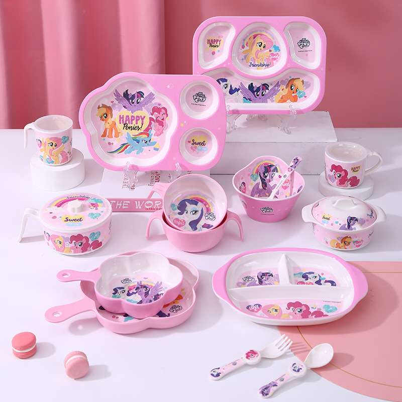 マイリトルポニー 幼児用食器 割れない食品グレードメラミン、BPAフリー子供用食器セット、滑り止め、お手入れ簡単