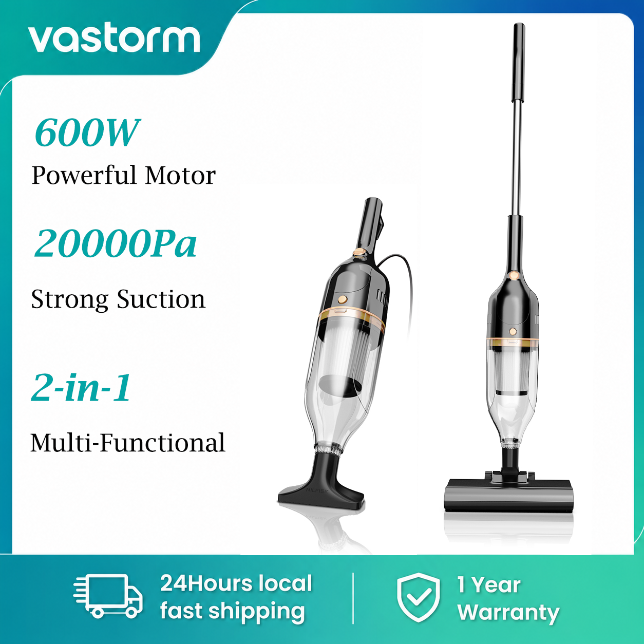 Vastorm R7 コード付きスティック掃除機 600W 20Kpa 強力 3 in 1 軽量クリーナー 低ノイズ 効率的な掃除 堅木張りの床カーペット ペットの毛をきれいにします