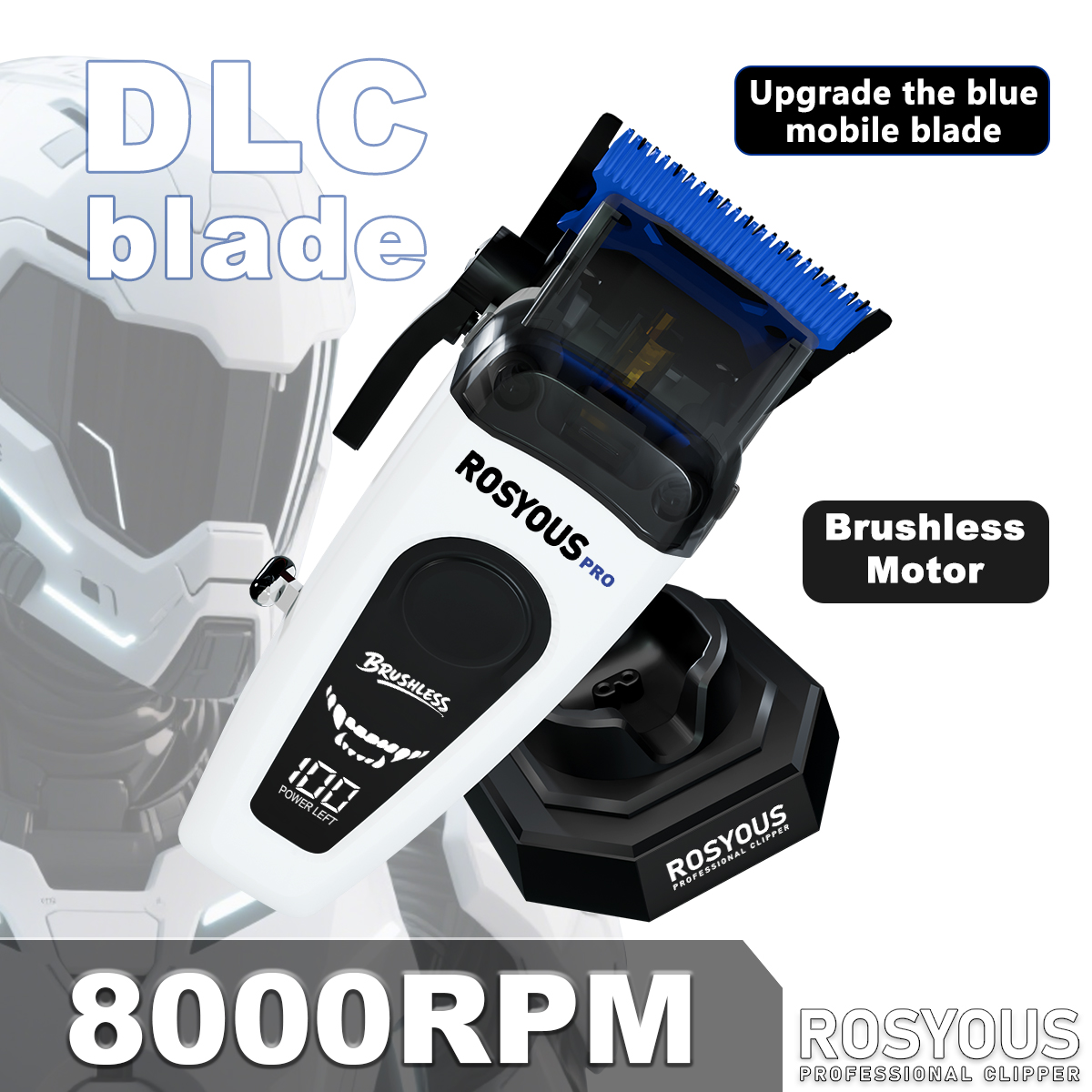 ROSYOUS RSpro-106 プロフェッショナル電動バリカン DLC ブレード 8000RPM ブラシレスモーター ベース充電器 LED ディスプレイ理髪店付き