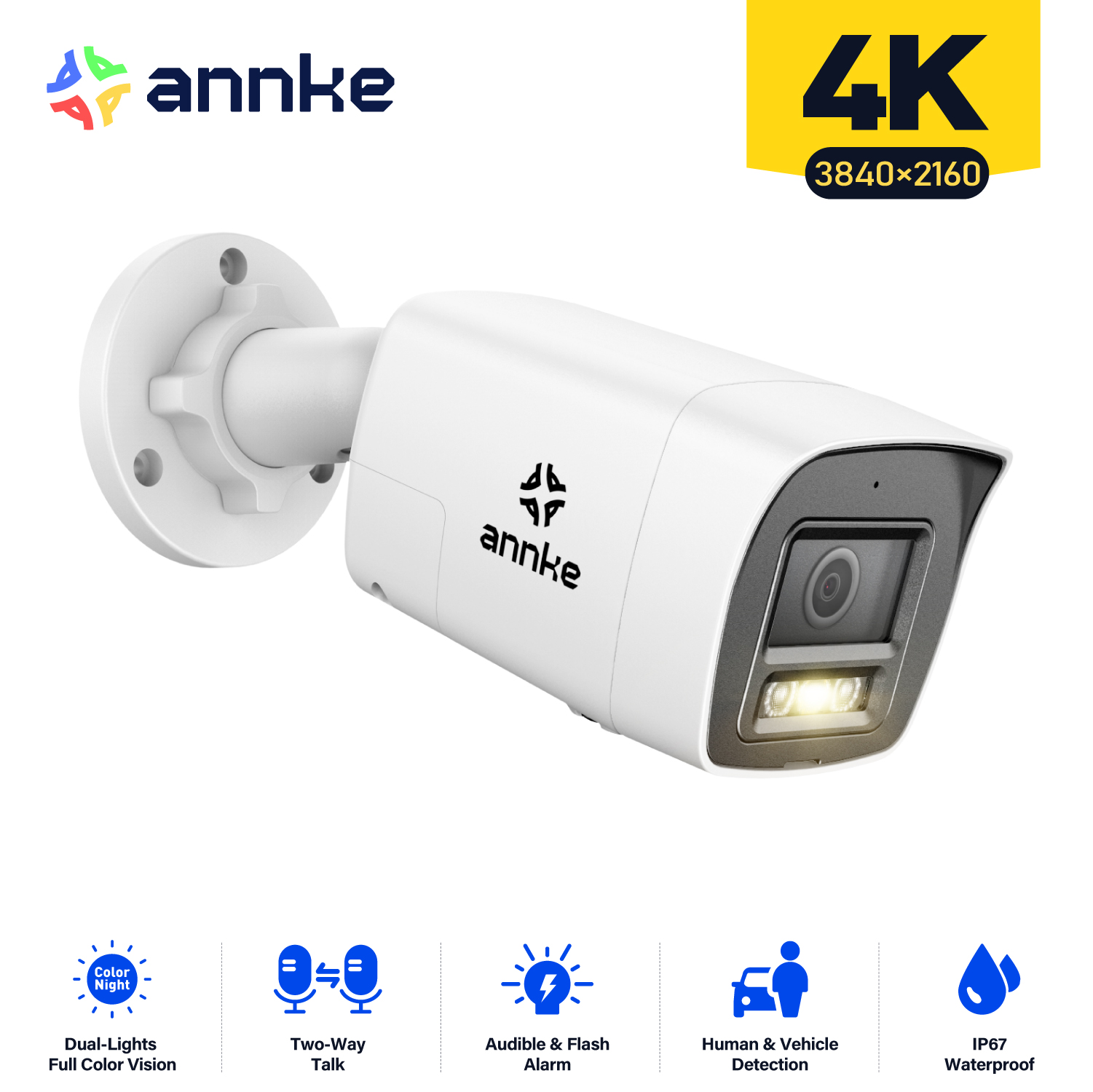 Anke 8MP 4K HD IP セキュリティカメラ Poe デュアルライトオーディオ固定弾丸カメラ人間車両検出 256 グラム SD ストレージ ONVIF IP67